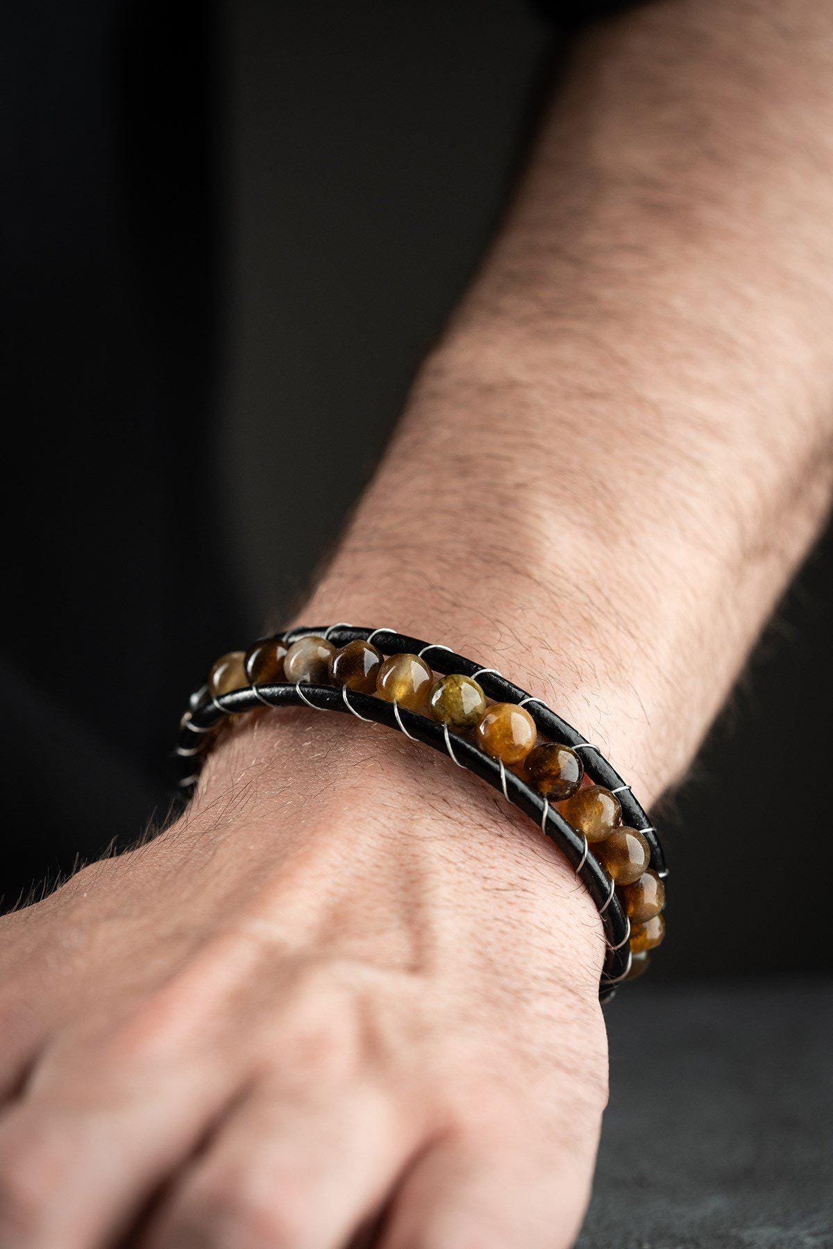 Tiger Eye Leather Bracelet, Double Wrap Natural Stone Men's Bracelet