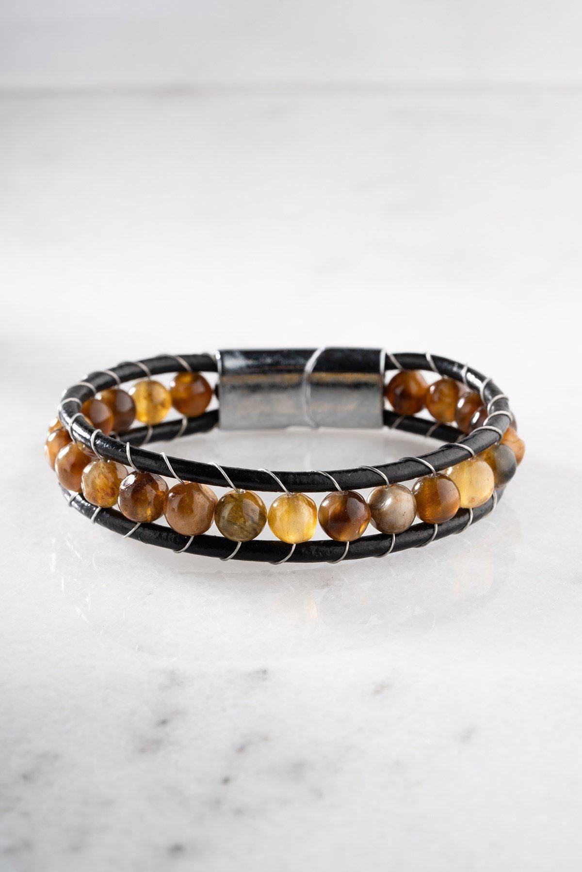 Tiger Eye Leather Bracelet, Double Wrap Natural Stone Men's Bracelet