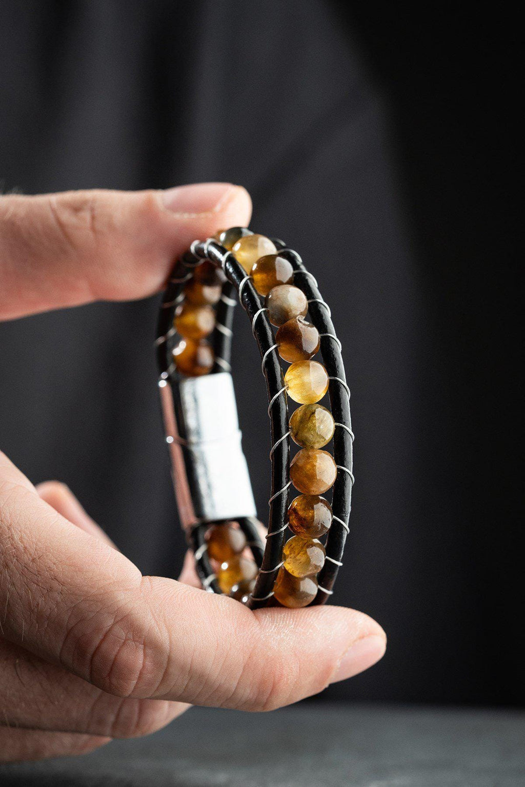 Tiger Eye Leather Bracelet, Double Wrap Natural Stone Men's Bracelet