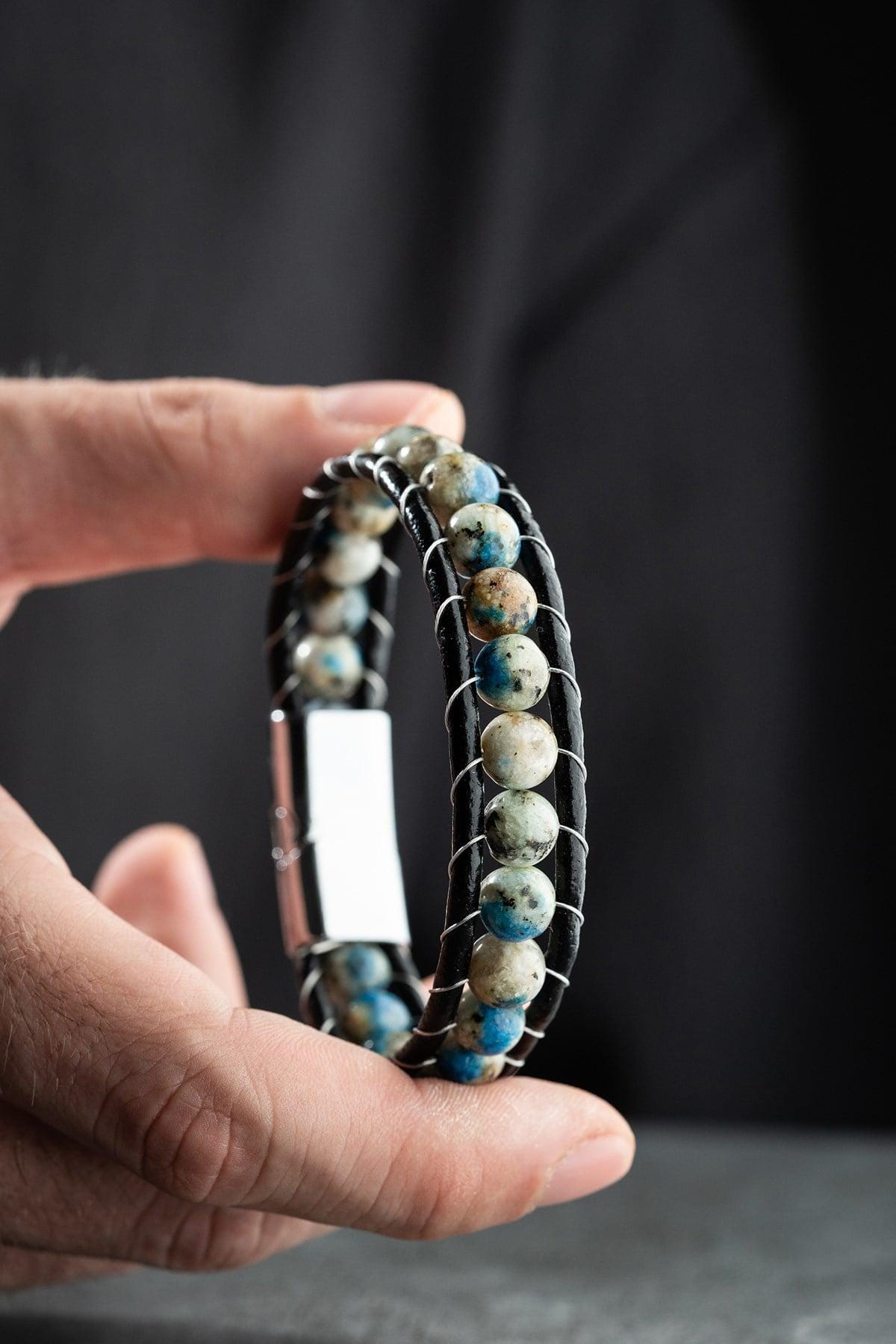Blue Jasper Leather Bracelet, Double Wrap Natural Stone Men's Bracelet