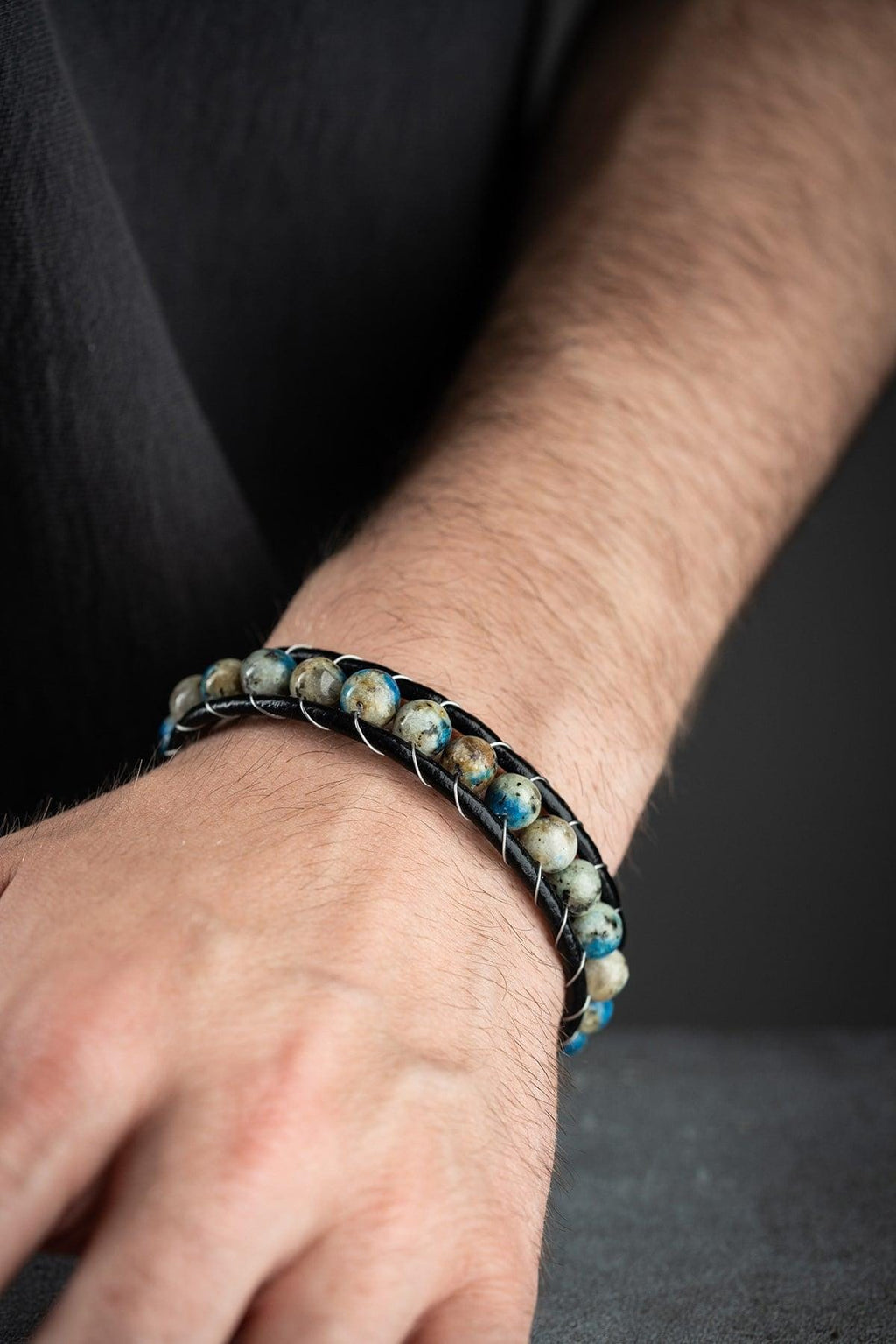 Blue Jasper Leather Bracelet, Double Wrap Natural Stone Men's Bracelet