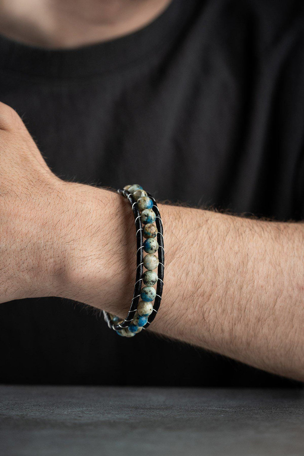 Blue Jasper Leather Bracelet, Double Wrap Natural Stone Men's Bracelet