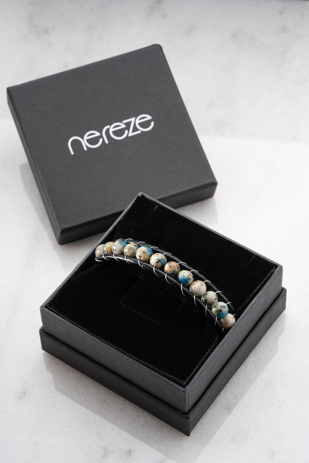 Blue Jasper Leather Bracelet, Double Wrap Natural Stone Men's Bracelet