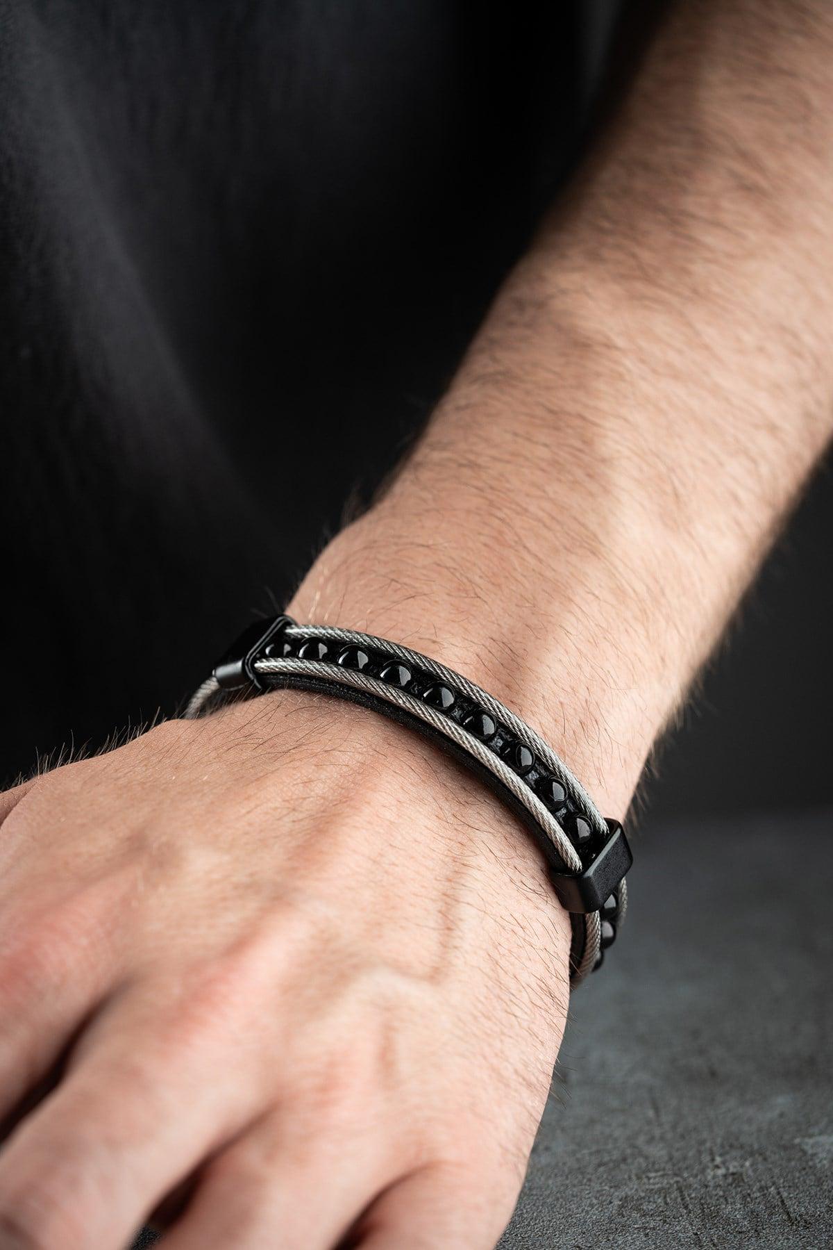Black Onyx Leather Bracelet, Double Wrap Stainless Steel Men's Bracelet