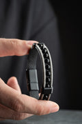 Black Onyx Leather Bracelet, Double Wrap Stainless Steel Men's Bracelet