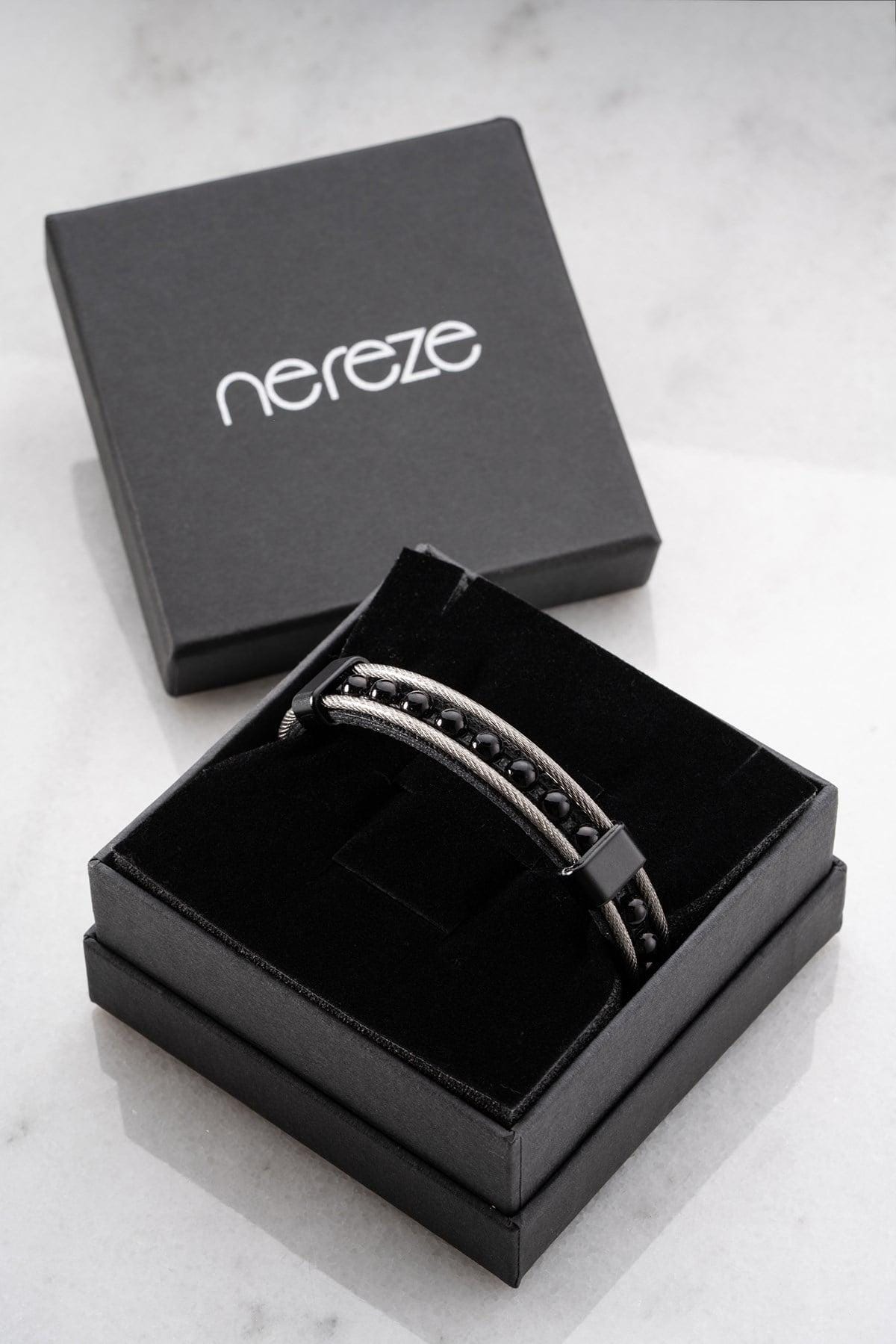Black Onyx Leather Bracelet, Double Wrap Stainless Steel Men's Bracelet