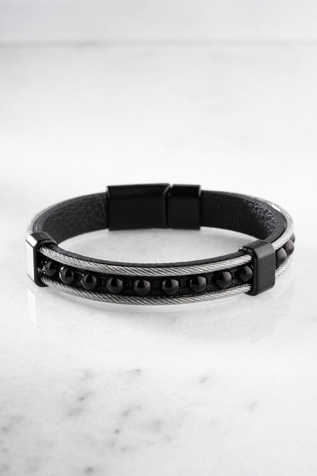 Black Onyx Leather Bracelet, Double Wrap Stainless Steel Men's Bracelet