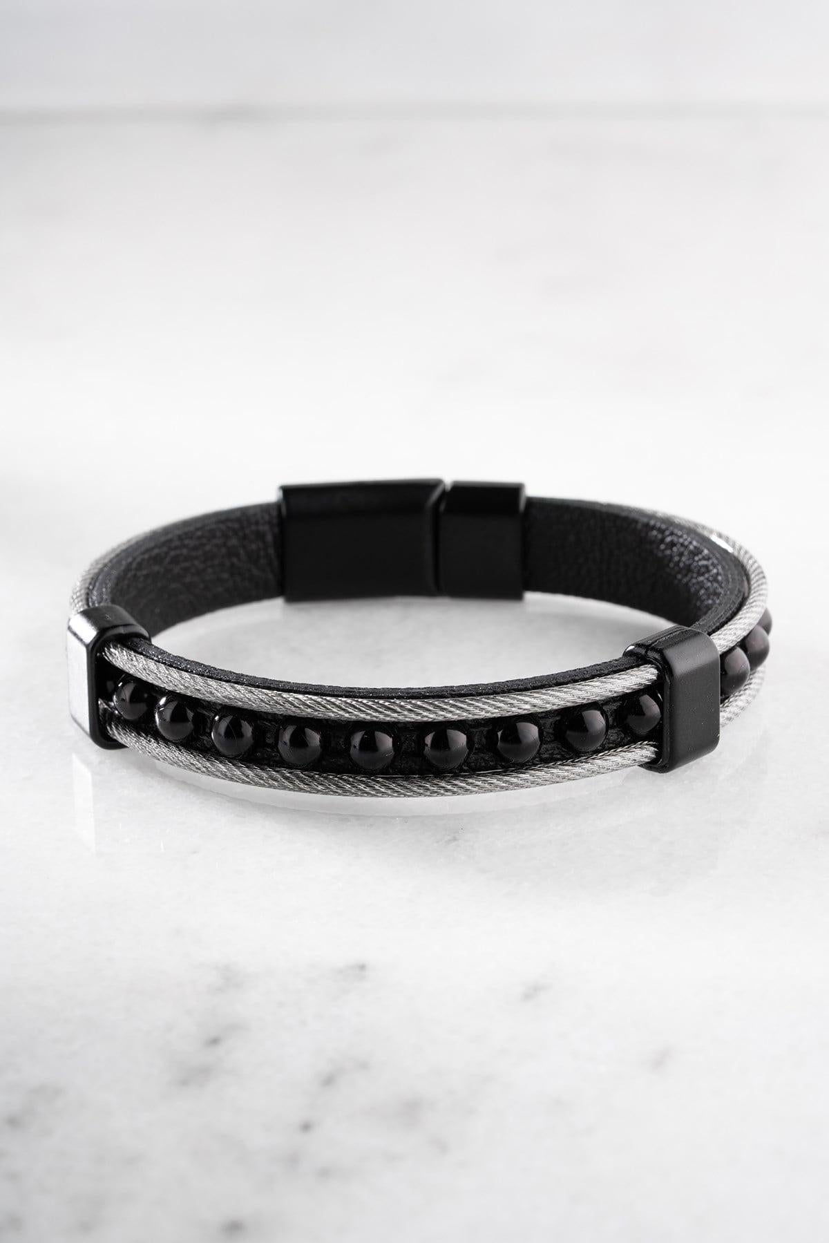 Black Onyx Leather Bracelet, Double Wrap Stainless Steel Men's Bracelet