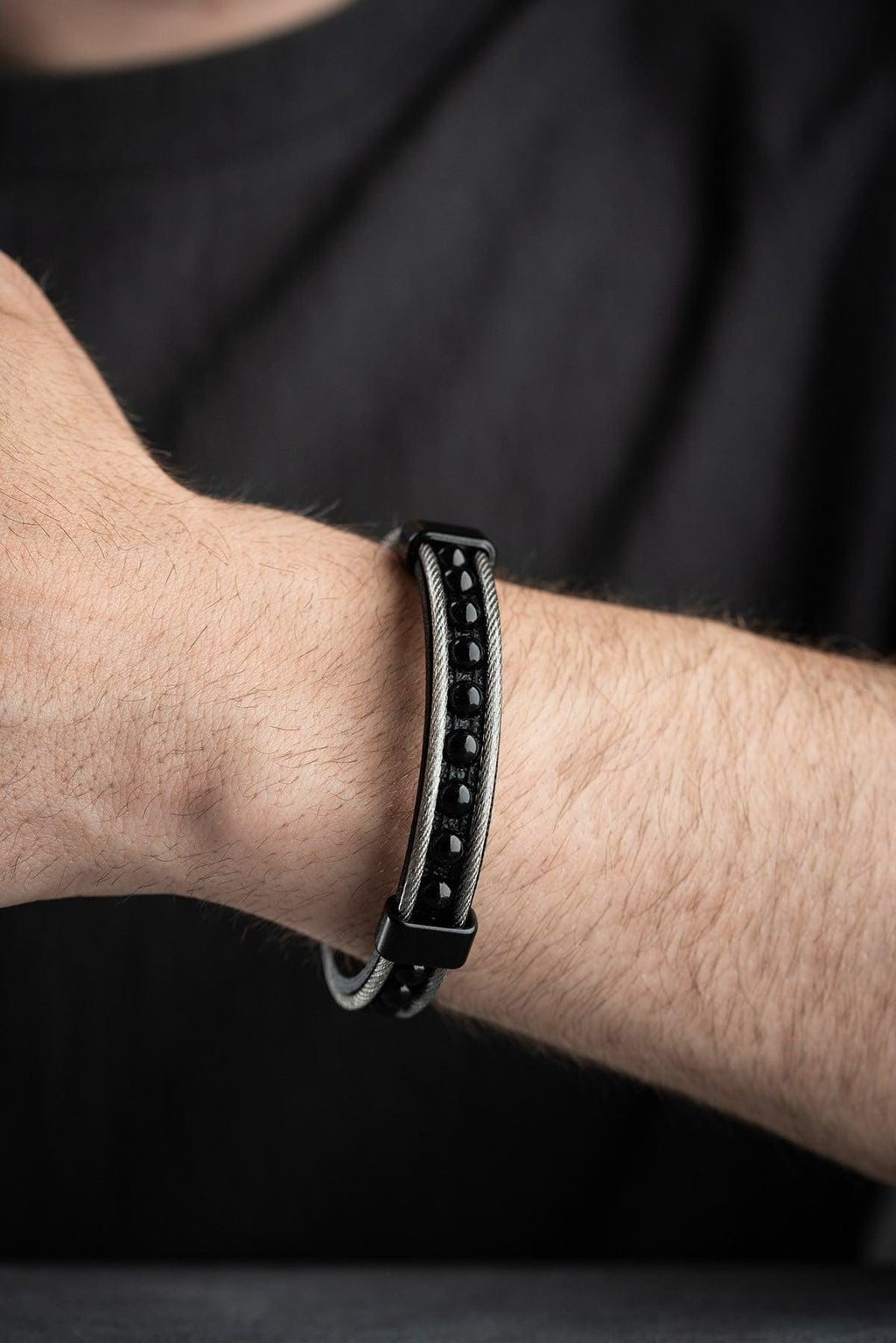 Black Onyx Leather Bracelet, Double Wrap Stainless Steel Men's Bracelet