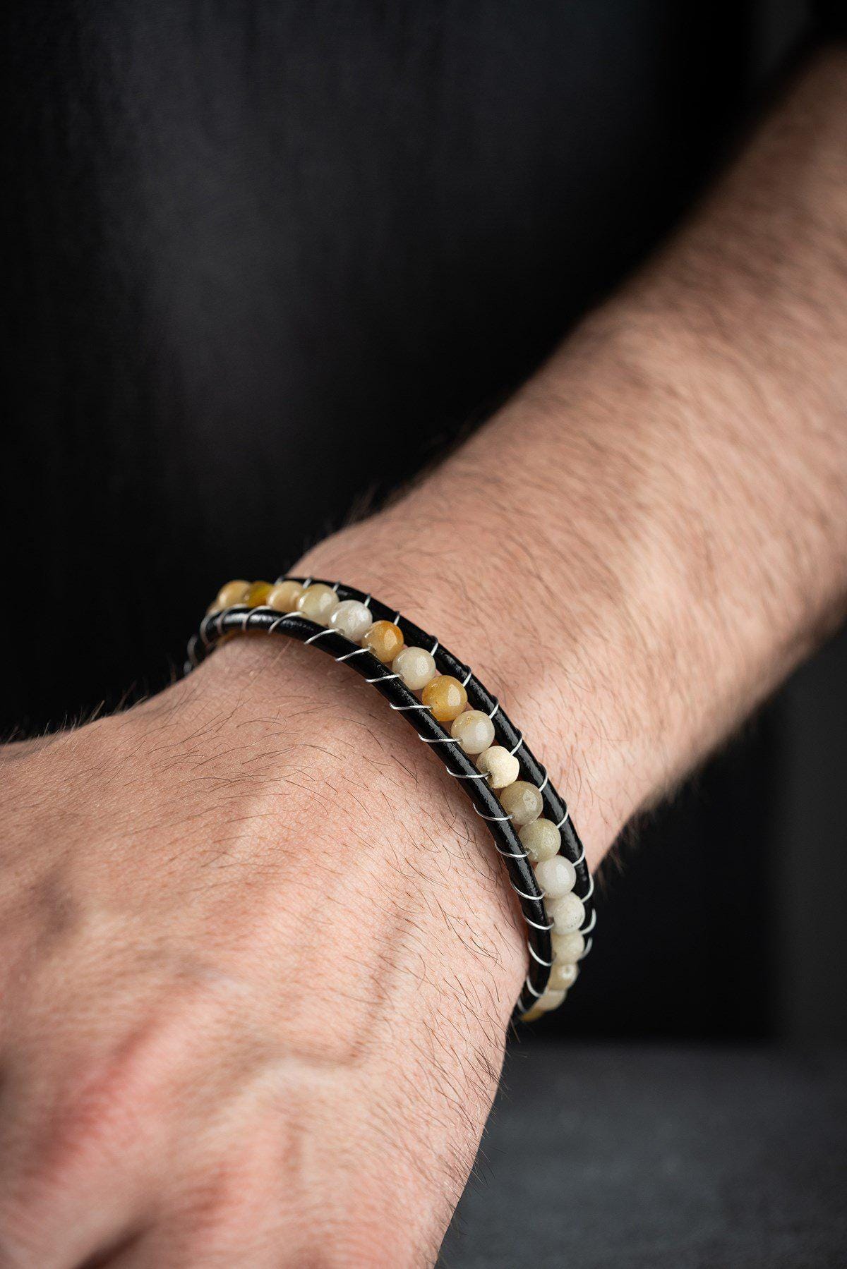 Yellow Jade Leather Bracelet, Double Wrap Stainless Steel Men's Bracelet