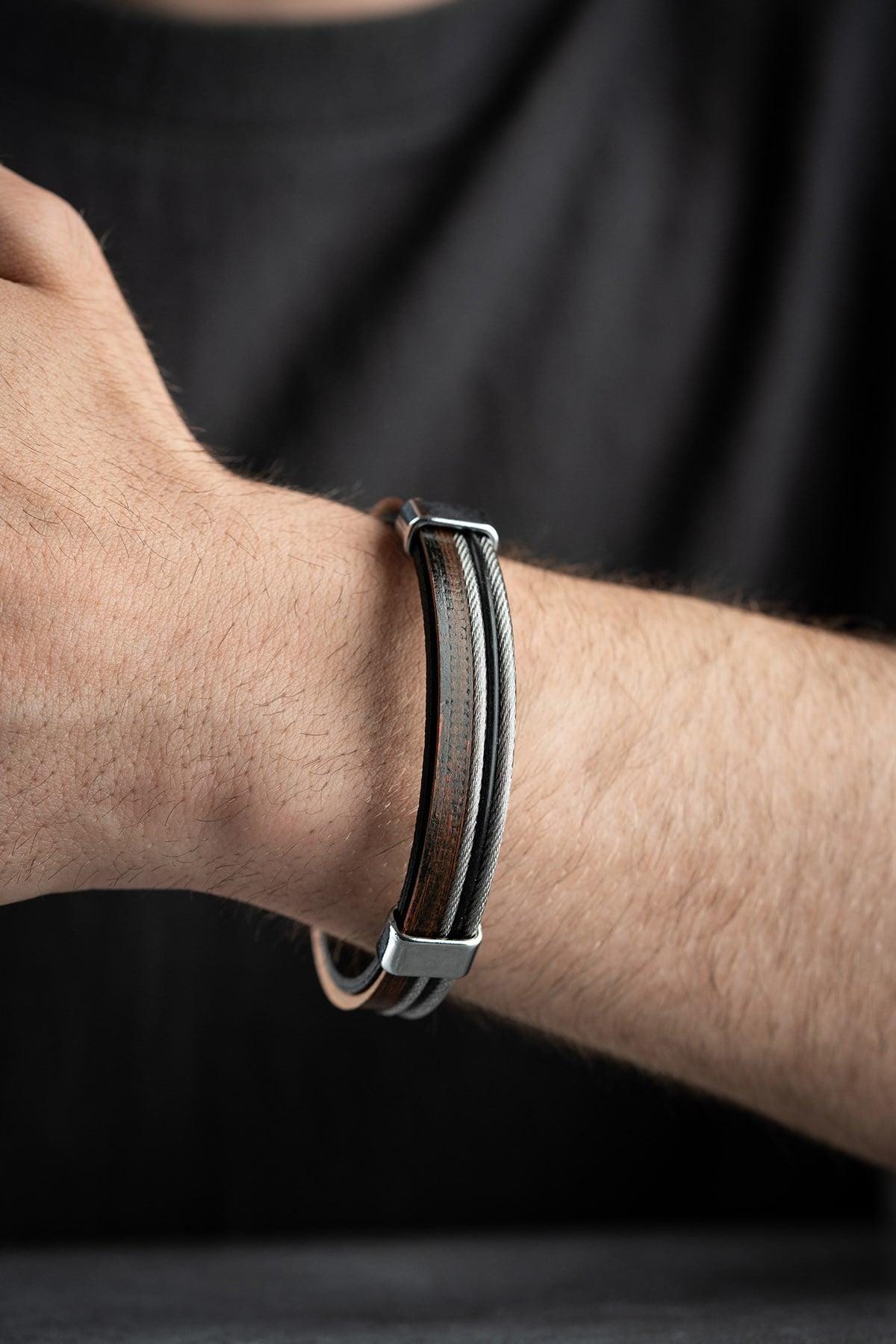 Double Wrap Leather Bracelet, Stainless Steel Men's Bracelet Vintage Chrome Bracelet