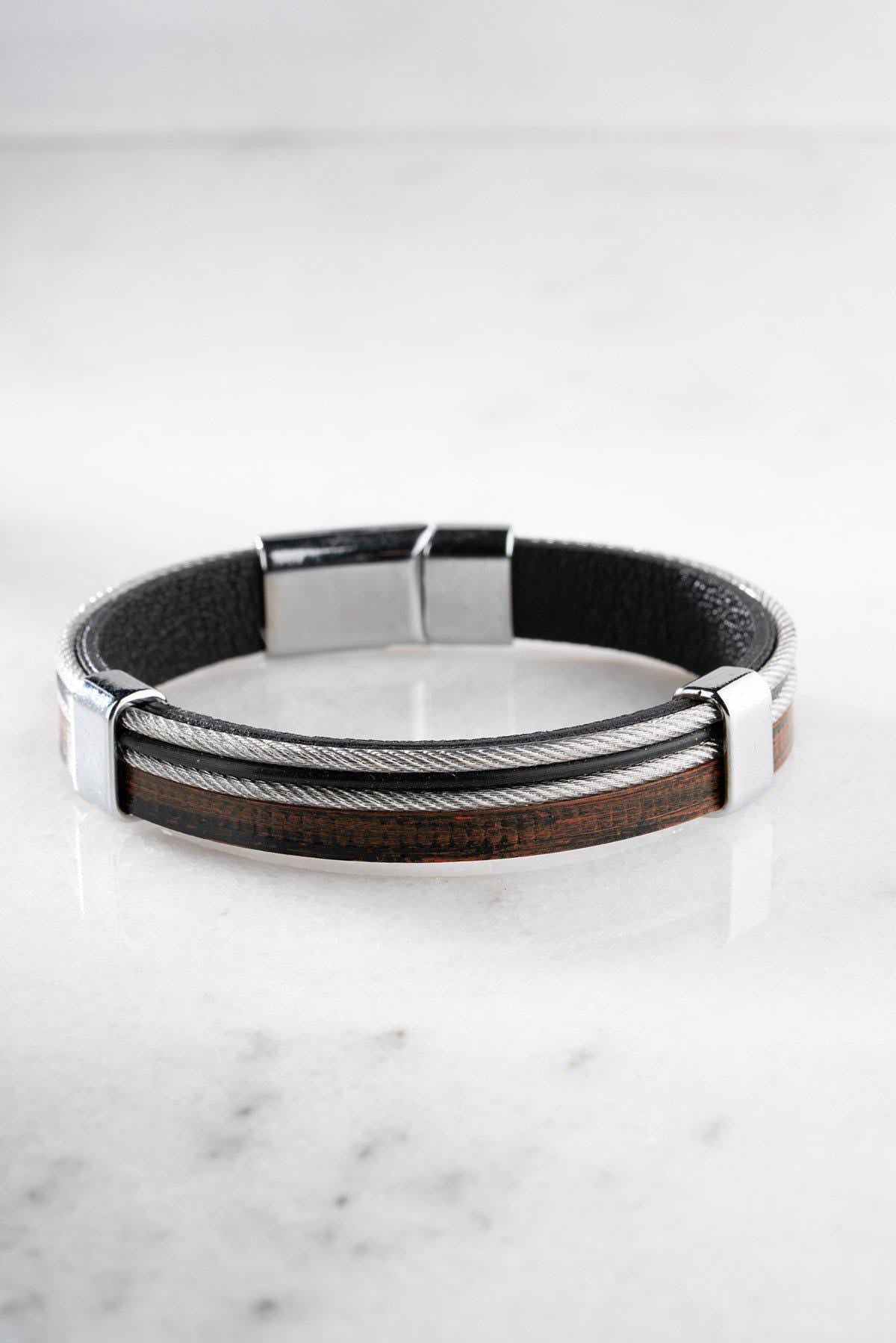 Double Wrap Leather Bracelet, Stainless Steel Men's Bracelet Vintage Chrome Bracelet