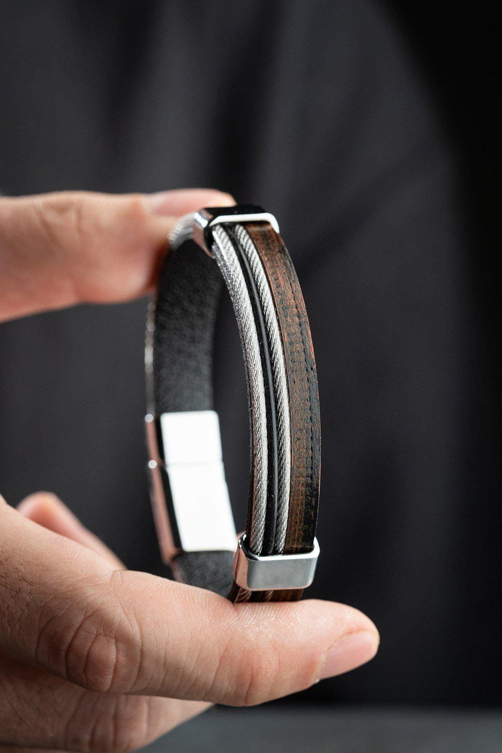 Double Wrap Leather Bracelet, Stainless Steel Men's Bracelet Vintage Chrome Bracelet