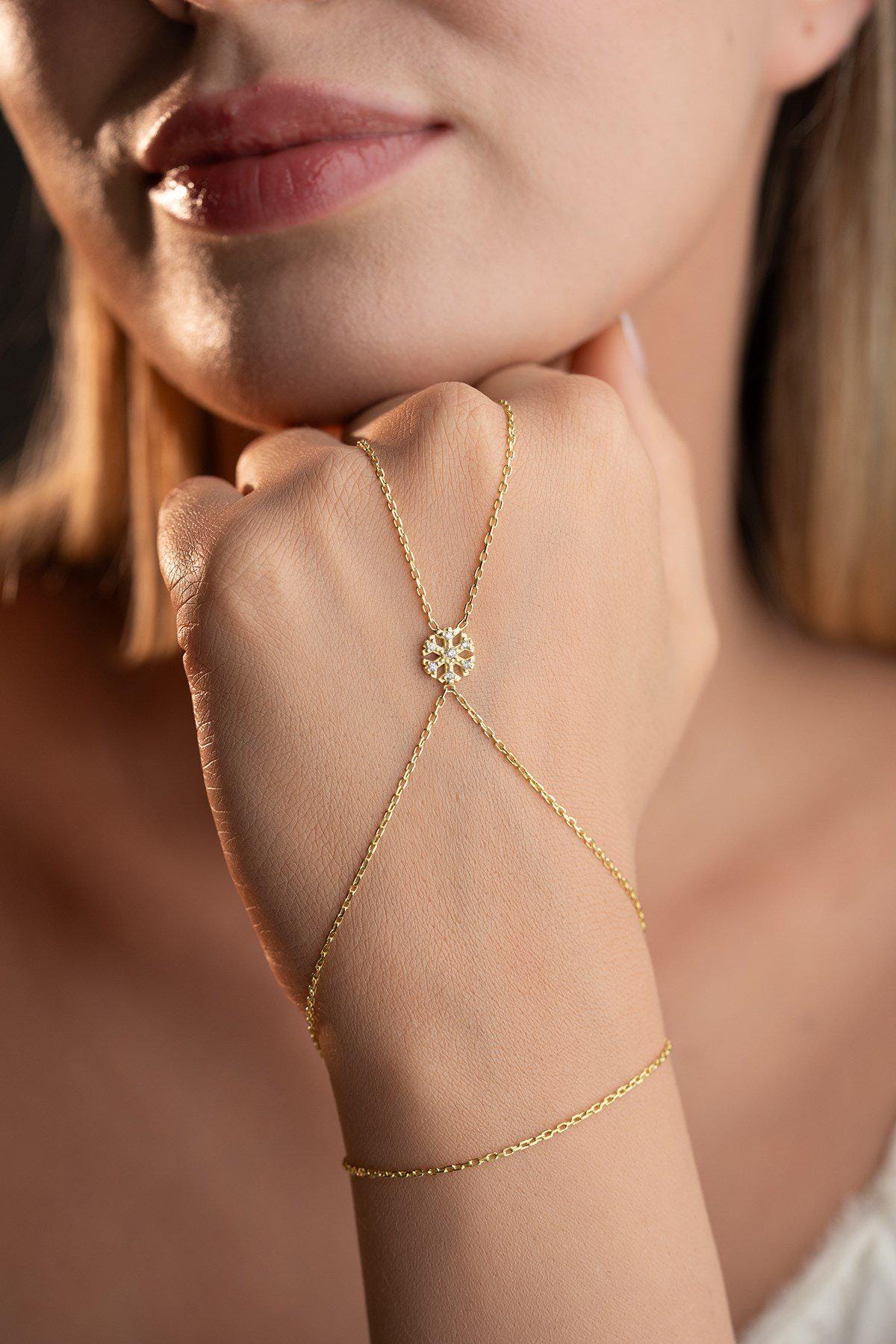 Snowflake Hand Chain Bracelet, Gold Plated Sterling Silver Zircon Shahmaran Bracelet