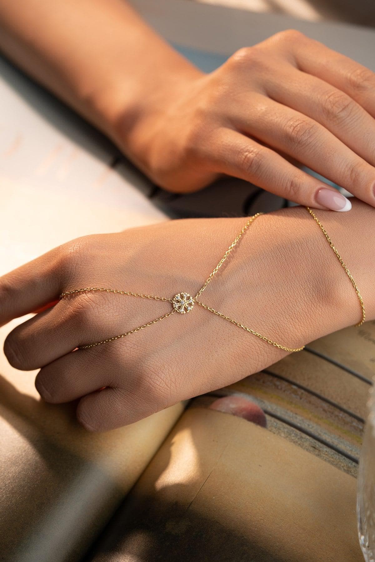 Snowflake Hand Chain Bracelet, Gold Plated Sterling Silver Zircon Shahmaran Bracelet