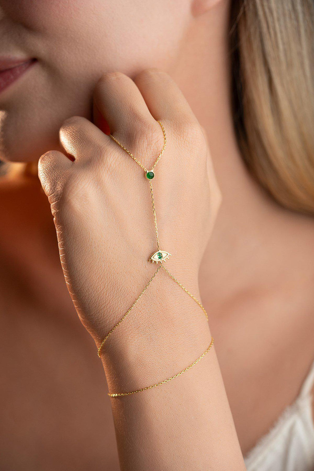 Evil Eye Shahmaran Bracelet, 925 Sterling Silver, Gold Plated, Green Zircon Bracelet