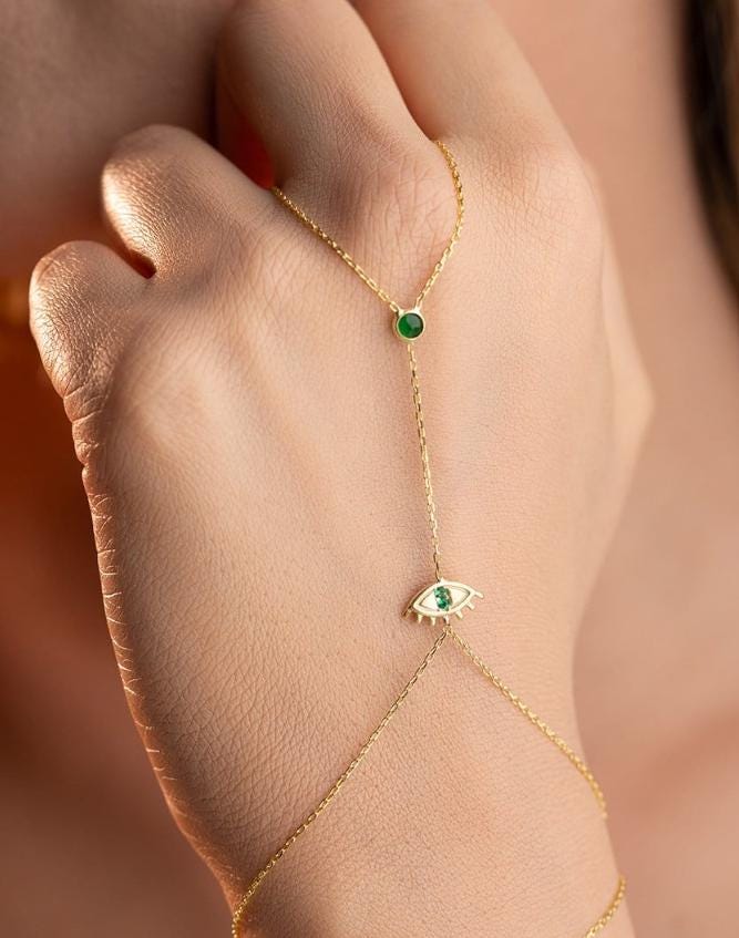 Evil Eye Shahmaran Bracelet, 925 Sterling Silver, Gold Plated, Green Zircon Bracelet