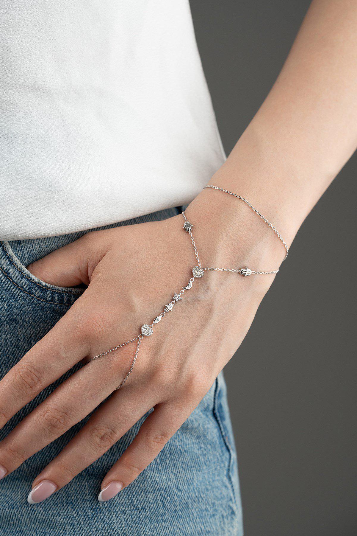 Lucky Clover Shahmaran Bracelet, 925 Sterling Silver, Rhodium Plated Hand Chain
