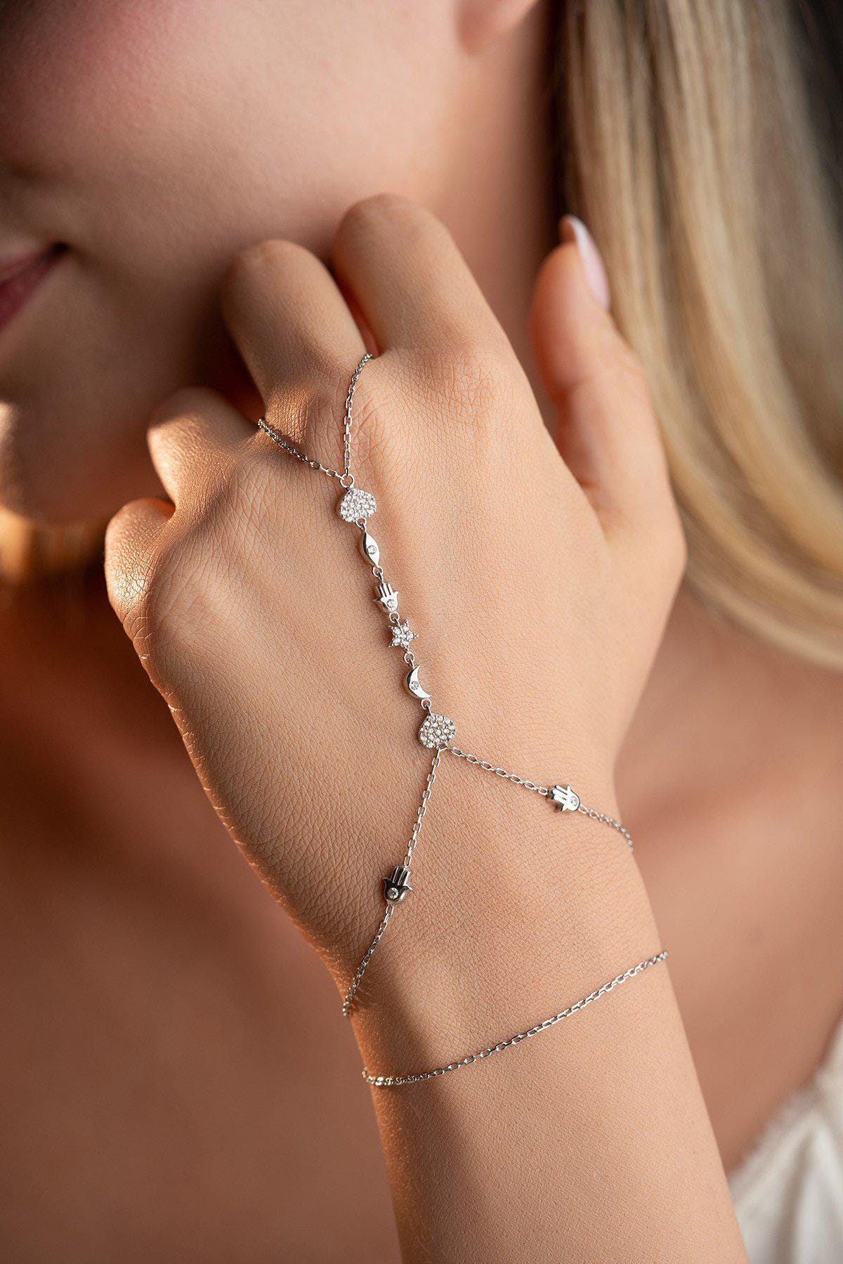 Lucky Clover Shahmaran Bracelet, 925 Sterling Silver, Rhodium Plated Hand Chain