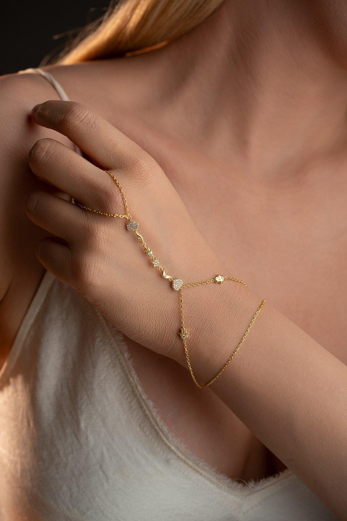 Lucky Clover Shahmaran Bracelet, 925 Sterling Silver, Gold Plated Hand Chain