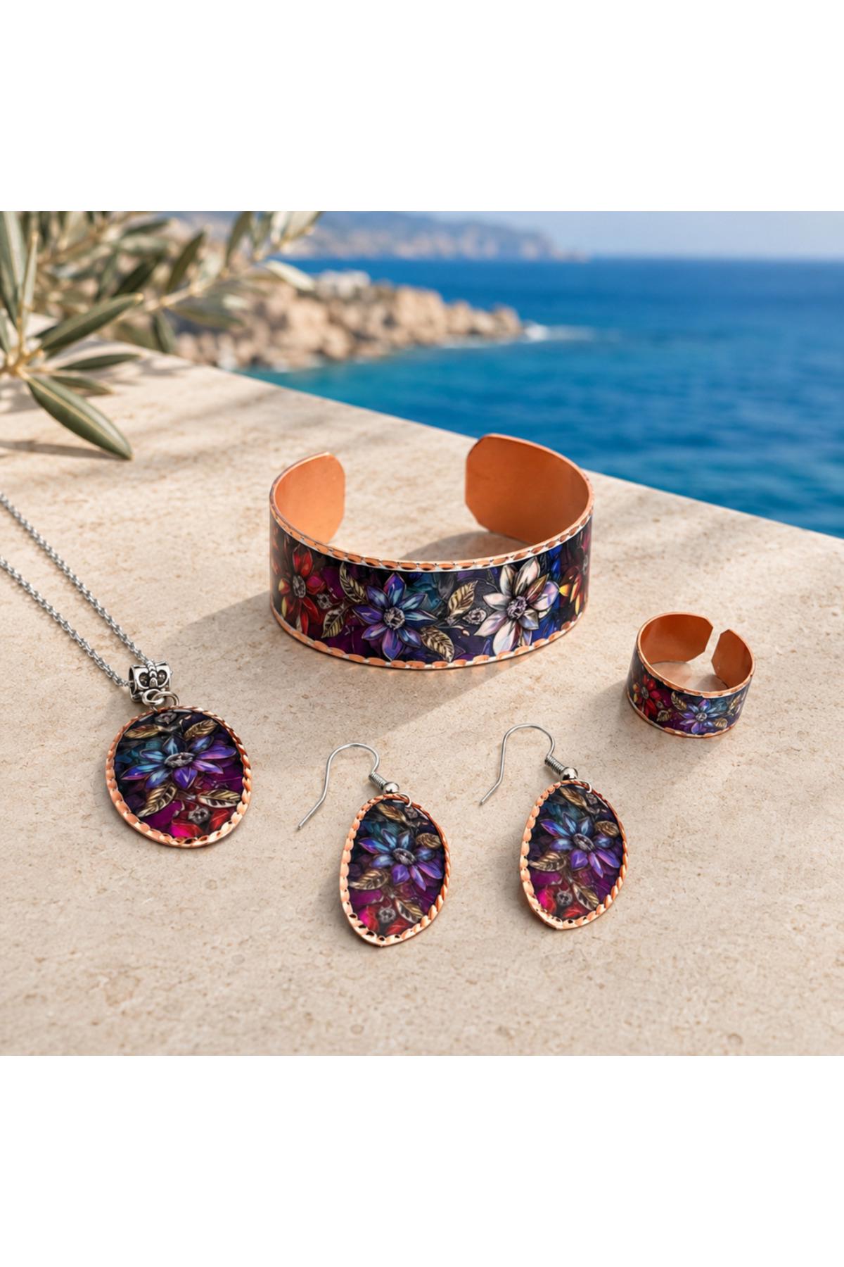 Copper Jewelry Set, Floral Necklace Bracelet Earrings Ring, Boho Vintage Gift for Women