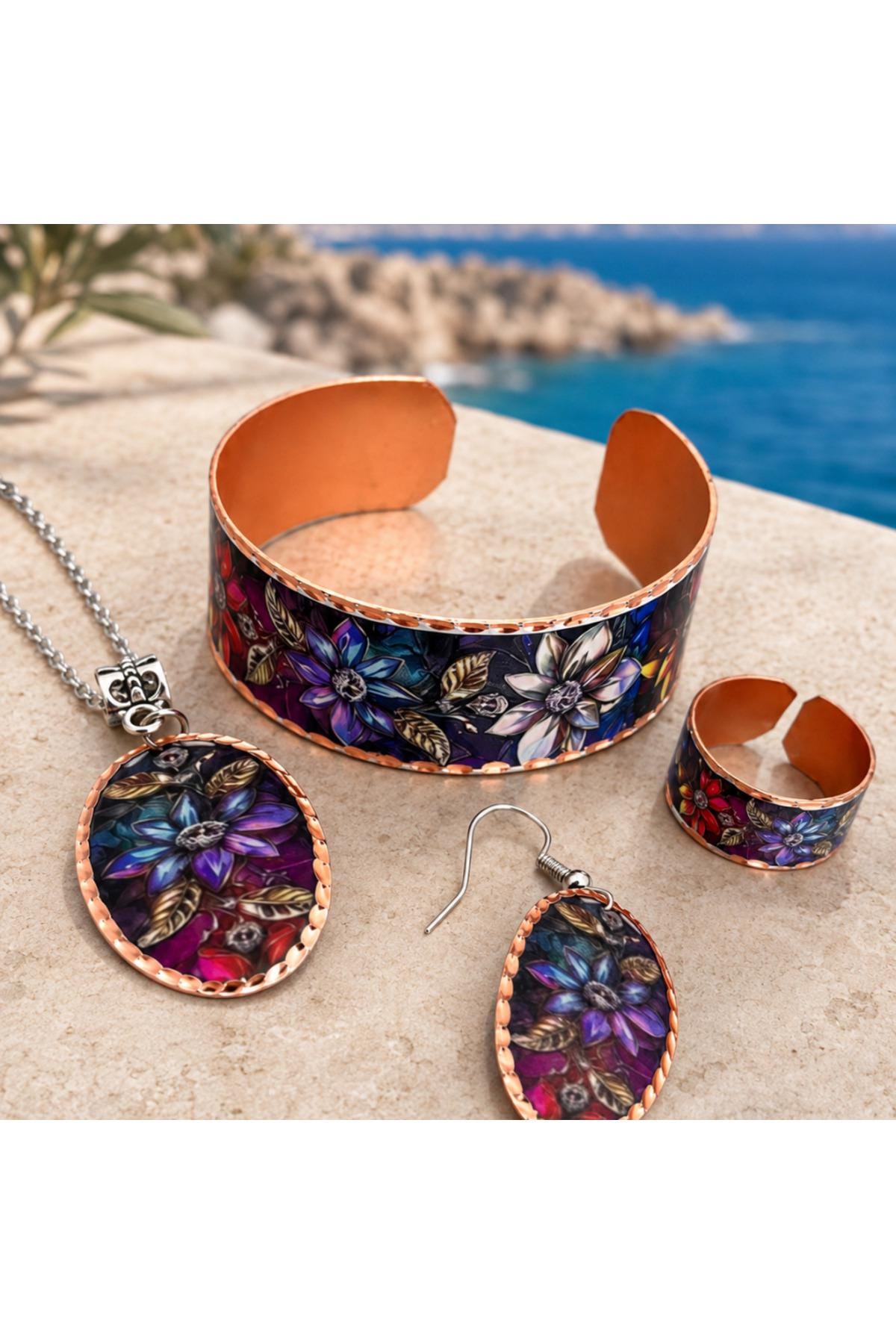 Copper Jewelry Set, Floral Necklace Bracelet Earrings Ring, Boho Vintage Gift for Women