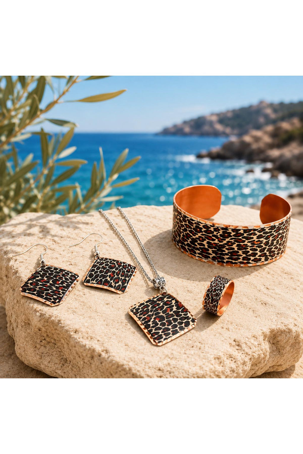 Copper Leopard Jewelry Set, Necklace Bracelet Earrings Ring, Boho Vintage Gift for Women