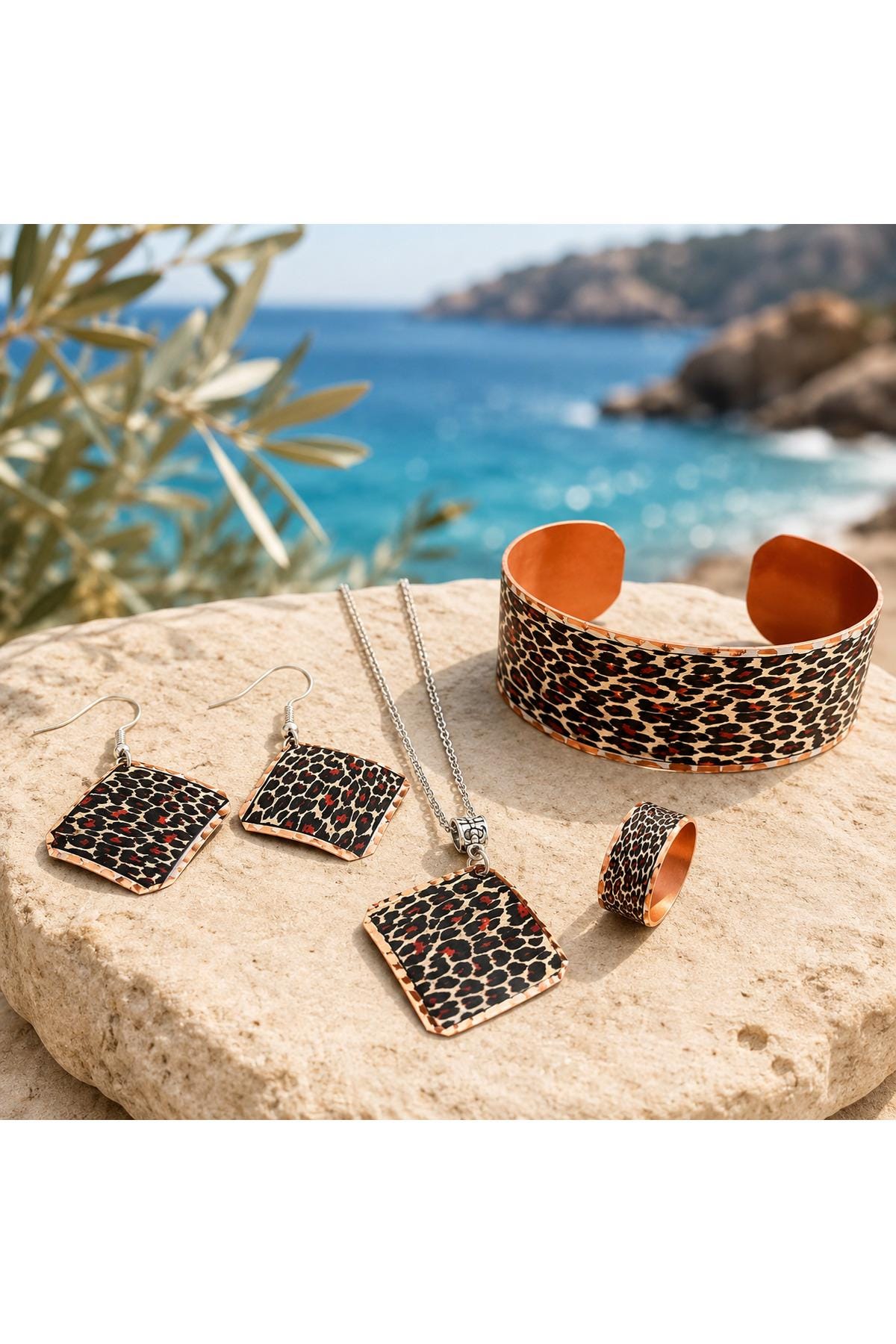 Copper Leopard Jewelry Set, Necklace Bracelet Earrings Ring, Boho Vintage Gift for Women