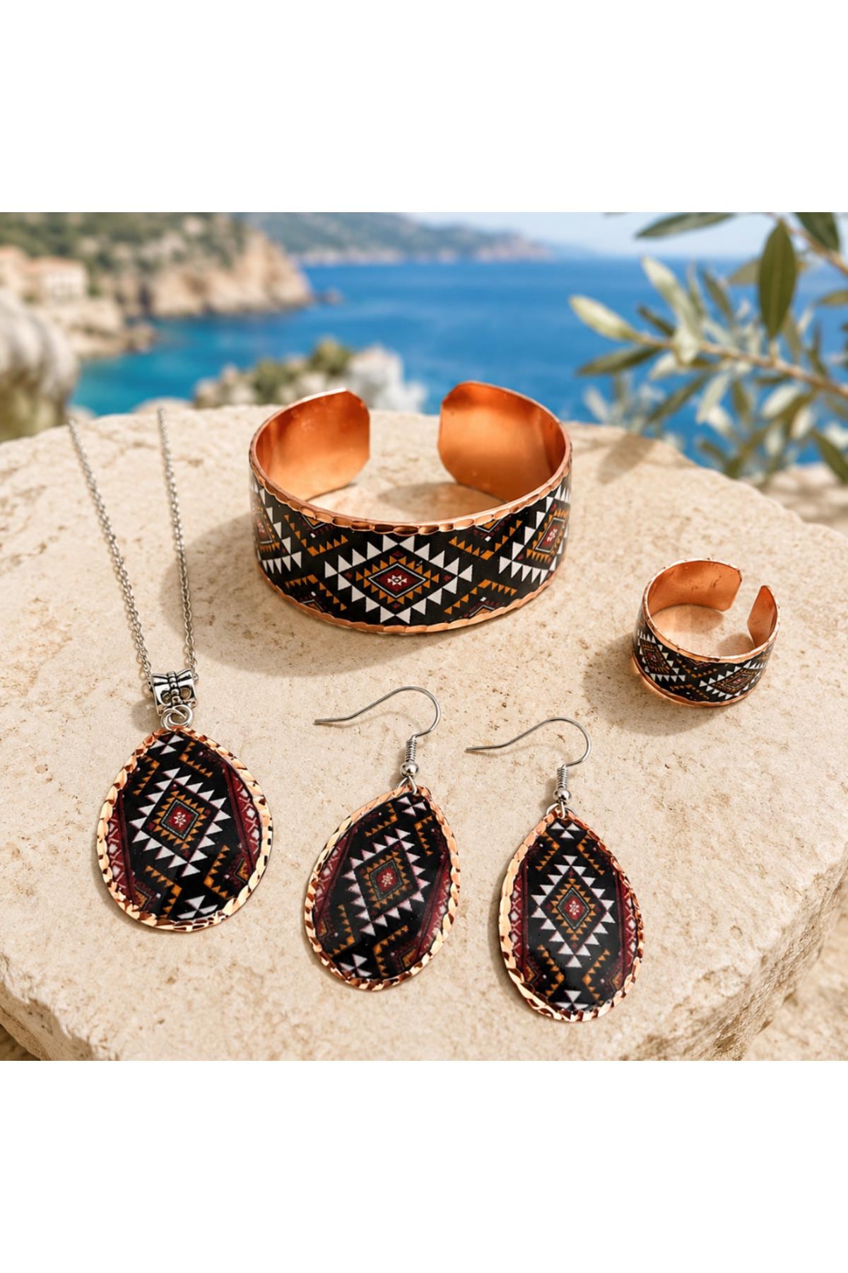 Copper Ethnic Jewelry Set, Boho Necklace Bracelet Earrings Ring, Vintage Gift for Women