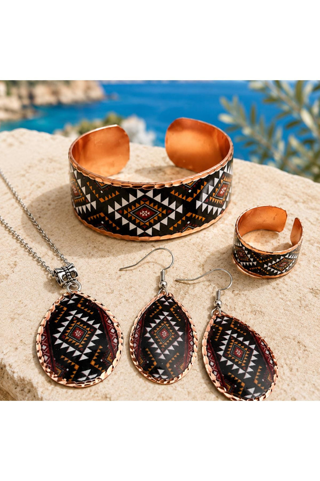 Copper Ethnic Jewelry Set, Boho Necklace Bracelet Earrings Ring, Vintage Gift for Women