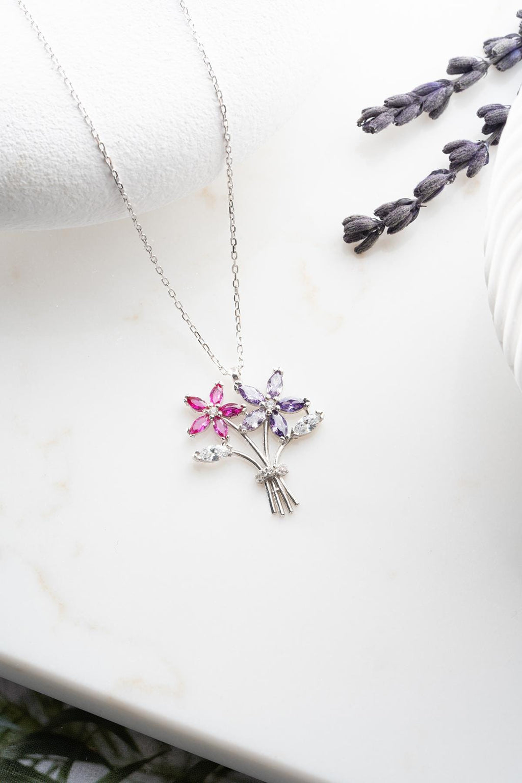 Camellia Flower Necklace, 925 Sterling Silver Rhodium Plated Zircon Pendant