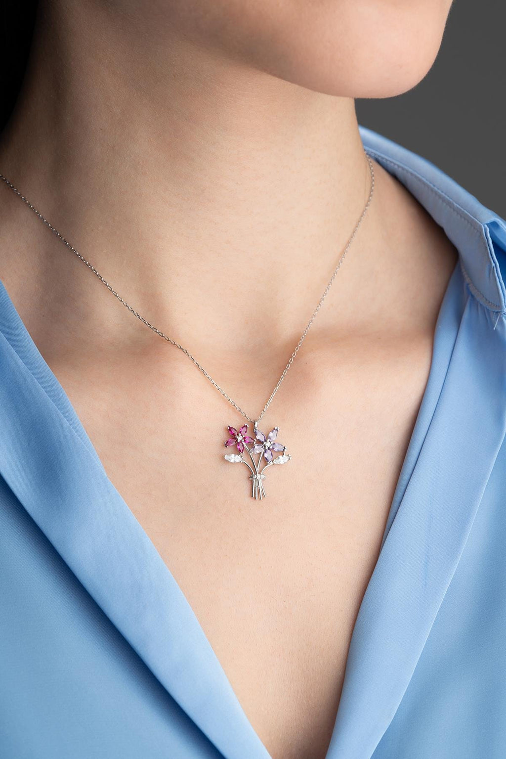 Camellia Flower Necklace, 925 Sterling Silver Rhodium Plated Zircon Pendant