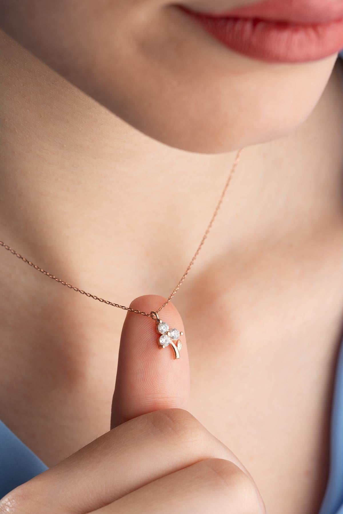 Three Leaf Clover Necklace, 925 Sterling Silver Rose Gold Plated Pendant