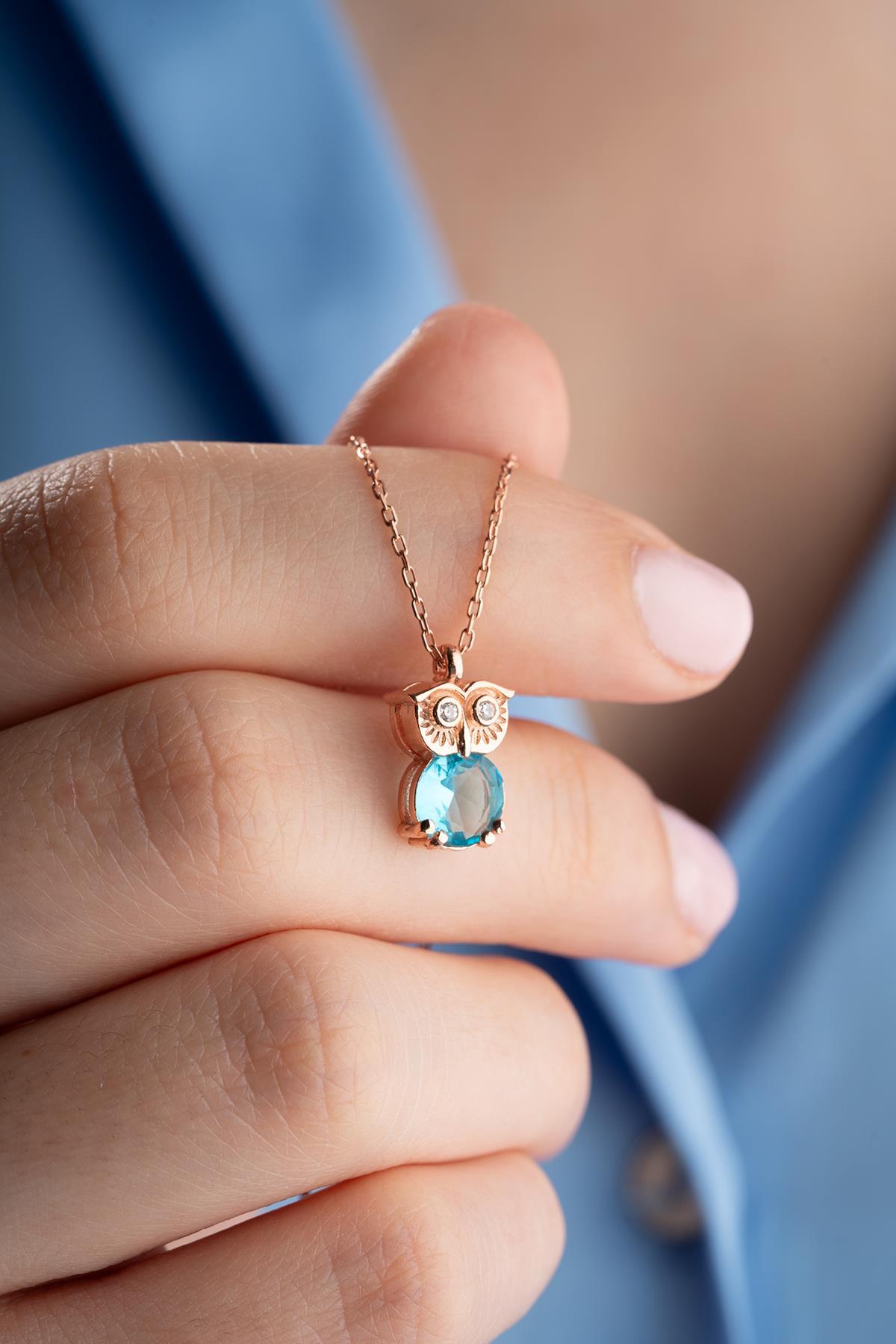 Rose Gold Plated Owl Necklace, Aquamarine Sterling Silver Pendant for Women