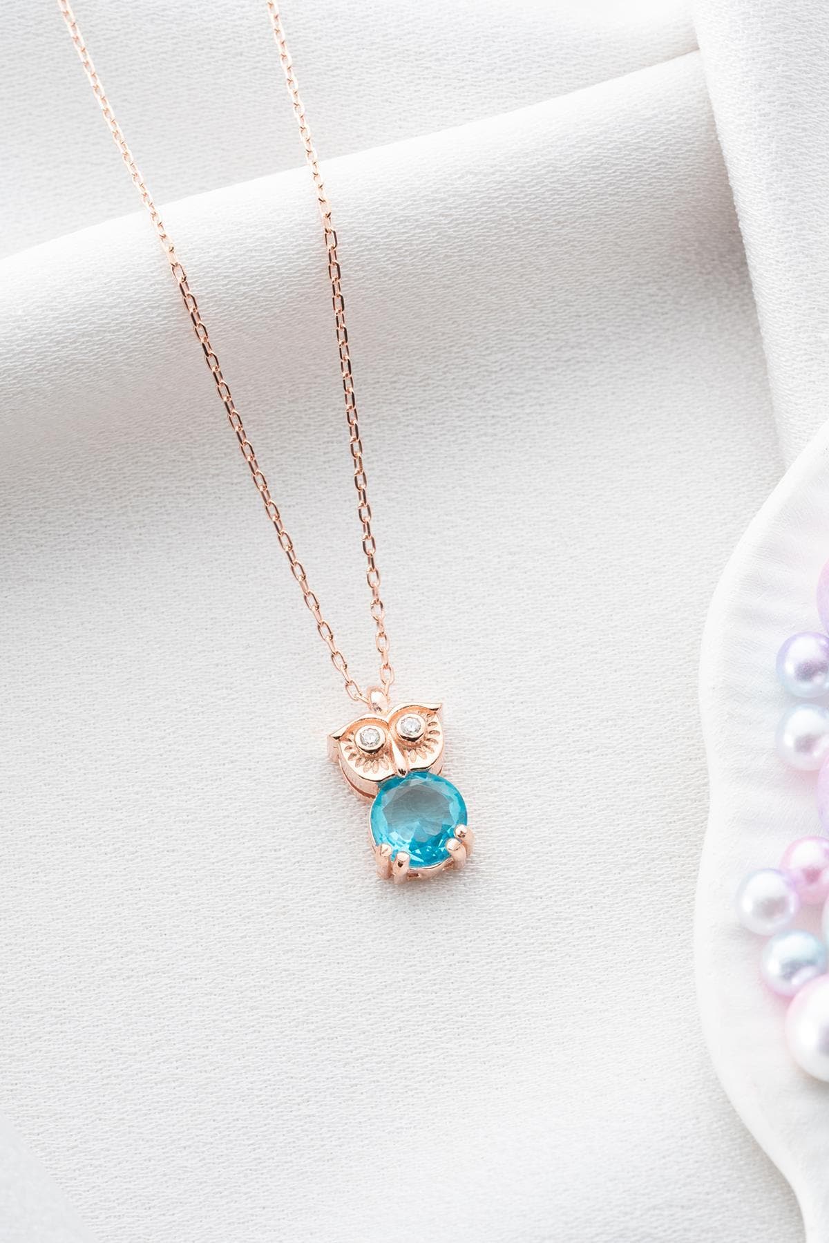 Rose Gold Plated Owl Necklace, Aquamarine Sterling Silver Pendant for Women