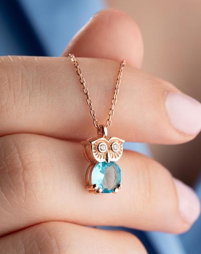 Rose Gold Plated Owl Necklace, Aquamarine Sterling Silver Pendant for Women