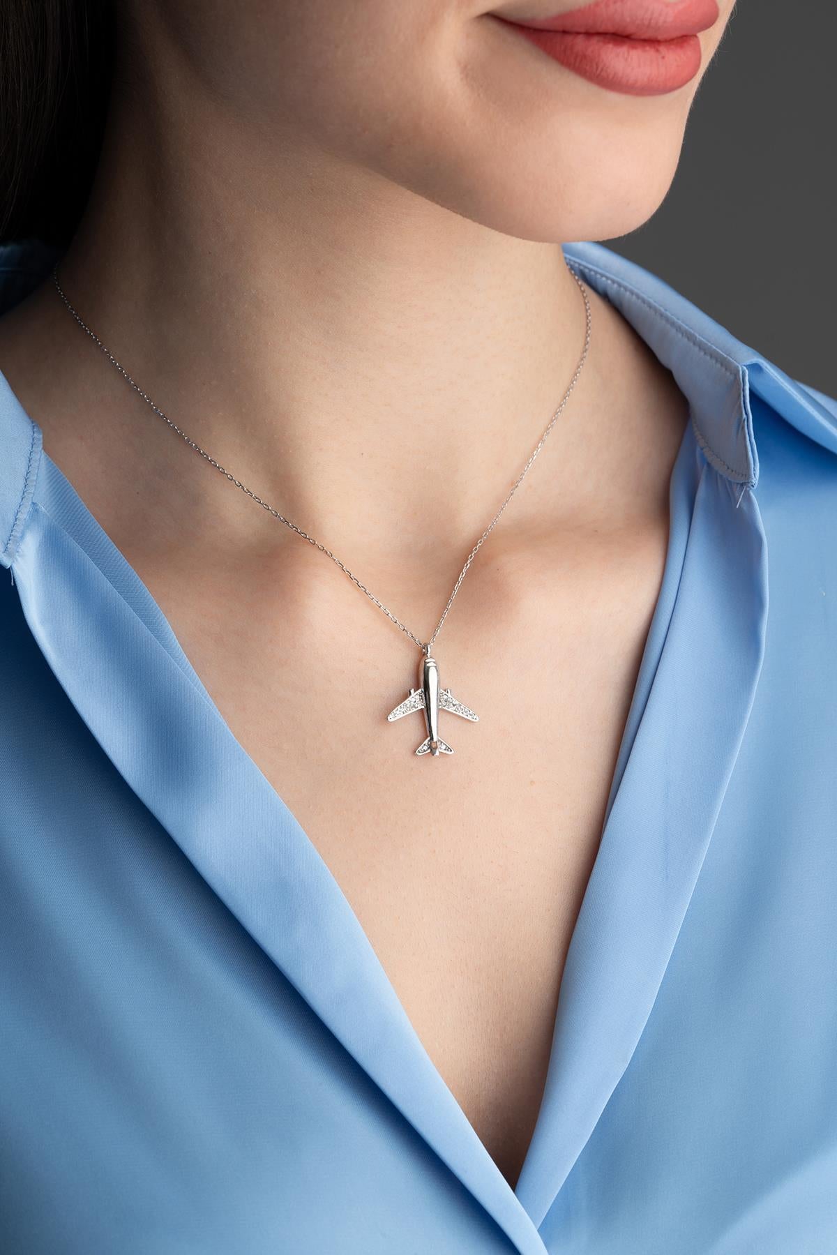 Airplane Necklace, Rhodium Plated Sterling Silver Zircon Travel Pendant for Women