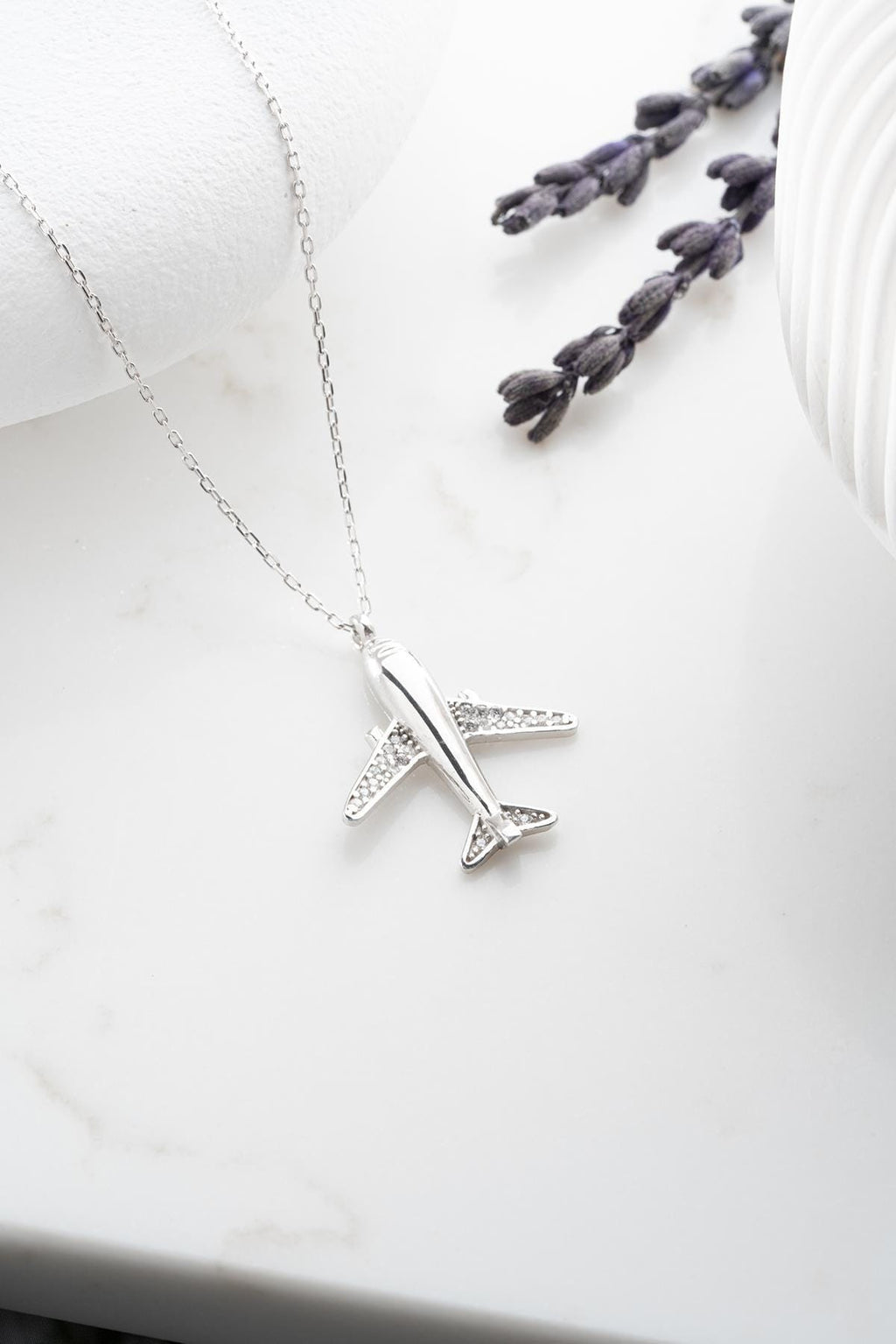 Airplane Necklace, Rhodium Plated Sterling Silver Zircon Travel Pendant for Women