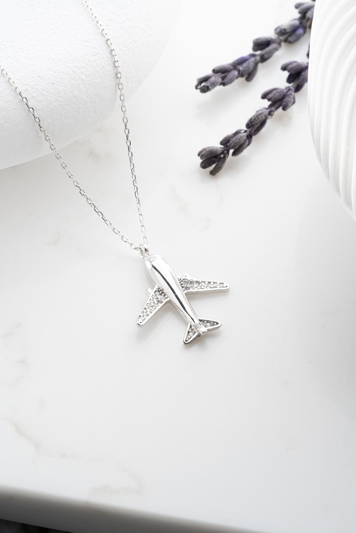 Airplane Necklace, Rhodium Plated Sterling Silver Zircon Travel Pendant for Women