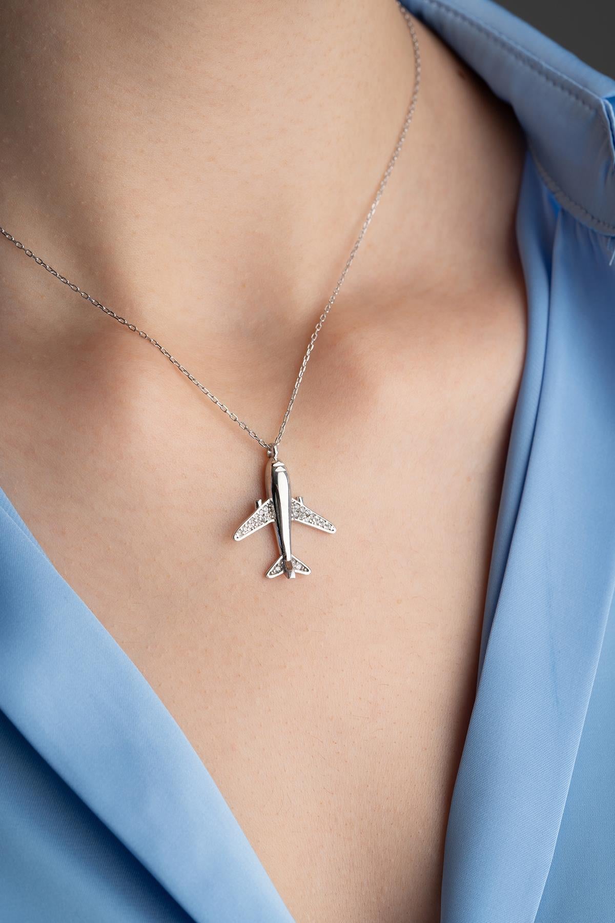 Airplane Necklace, Rhodium Plated Sterling Silver Zircon Travel Pendant for Women