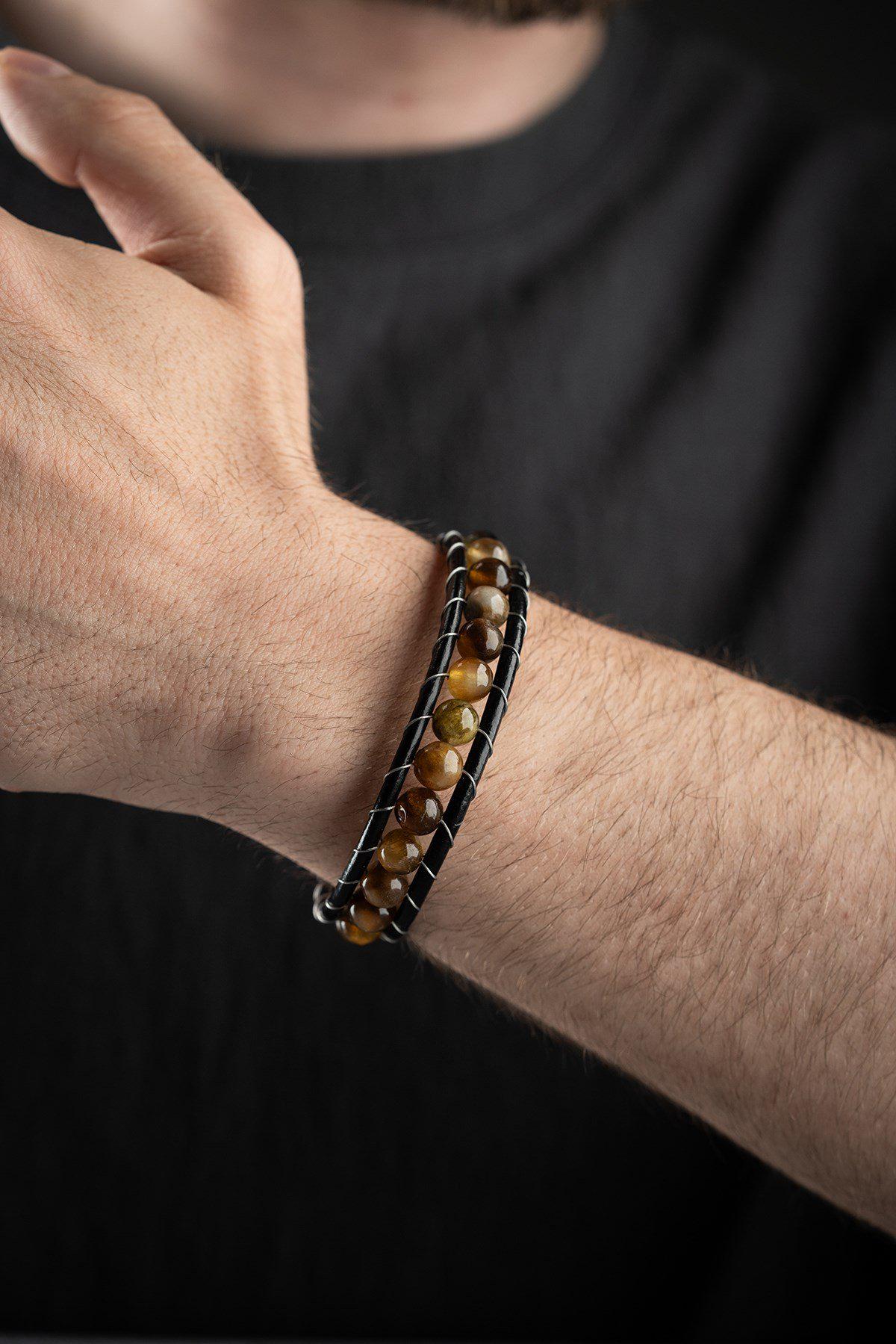 Tiger Eye Leather Bracelet, Double Wrap Natural Stone Men's Bracelet