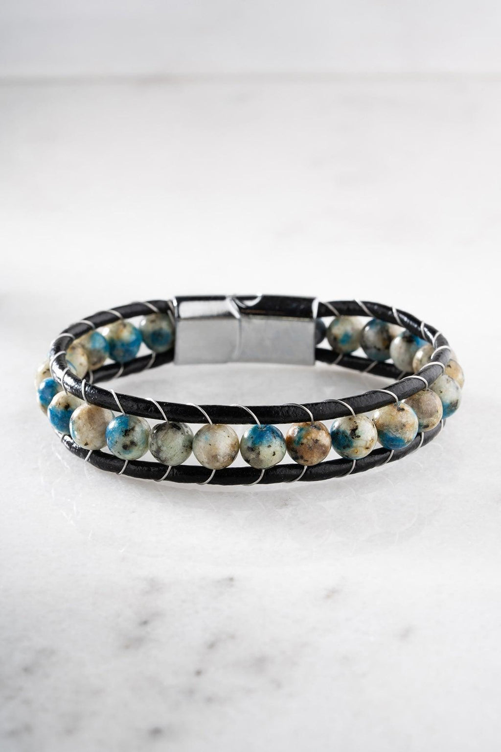 Blue Jasper Leather Bracelet, Double Wrap Natural Stone Men's Bracelet