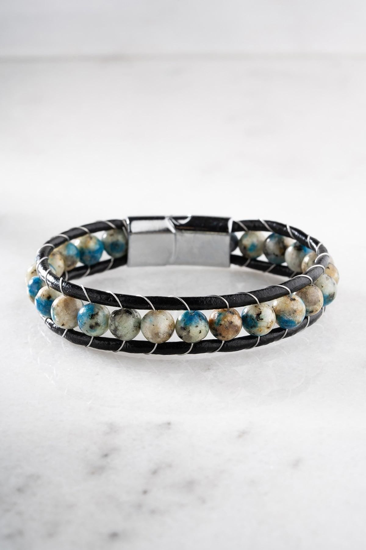 Blue Jasper Leather Bracelet, Double Wrap Natural Stone Men's Bracelet