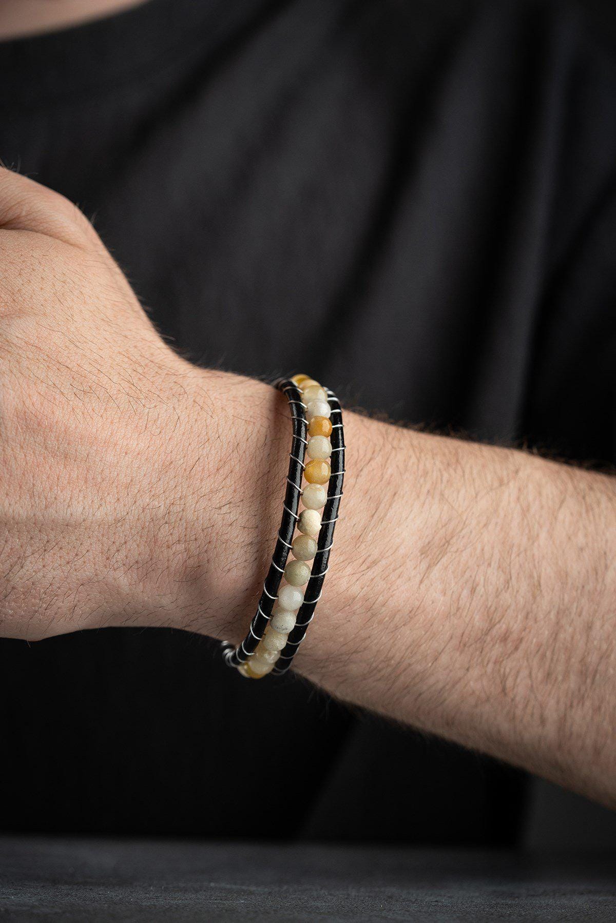 Yellow Jade Leather Bracelet, Double Wrap Stainless Steel Men's Bracelet