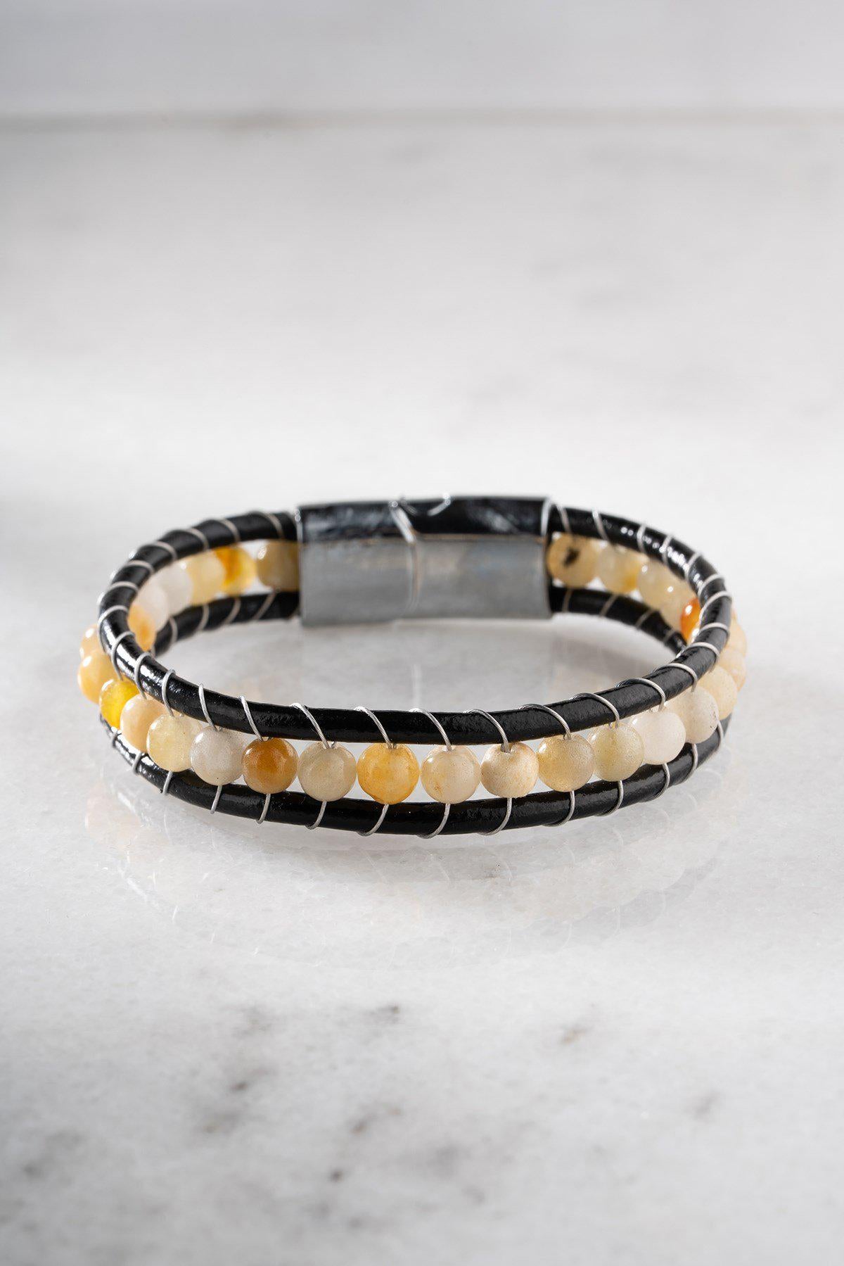 Yellow Jade Leather Bracelet, Double Wrap Stainless Steel Men's Bracelet