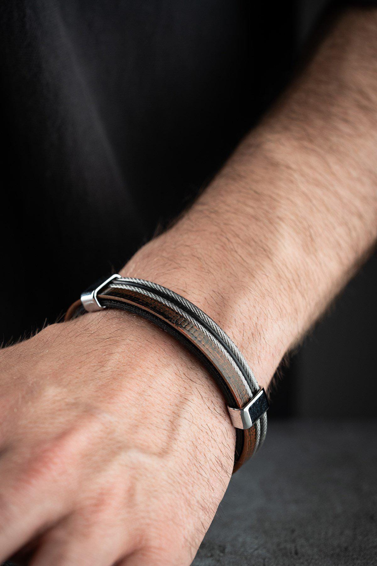 Double Wrap Leather Bracelet, Stainless Steel Men's Bracelet Vintage Chrome Bracelet
