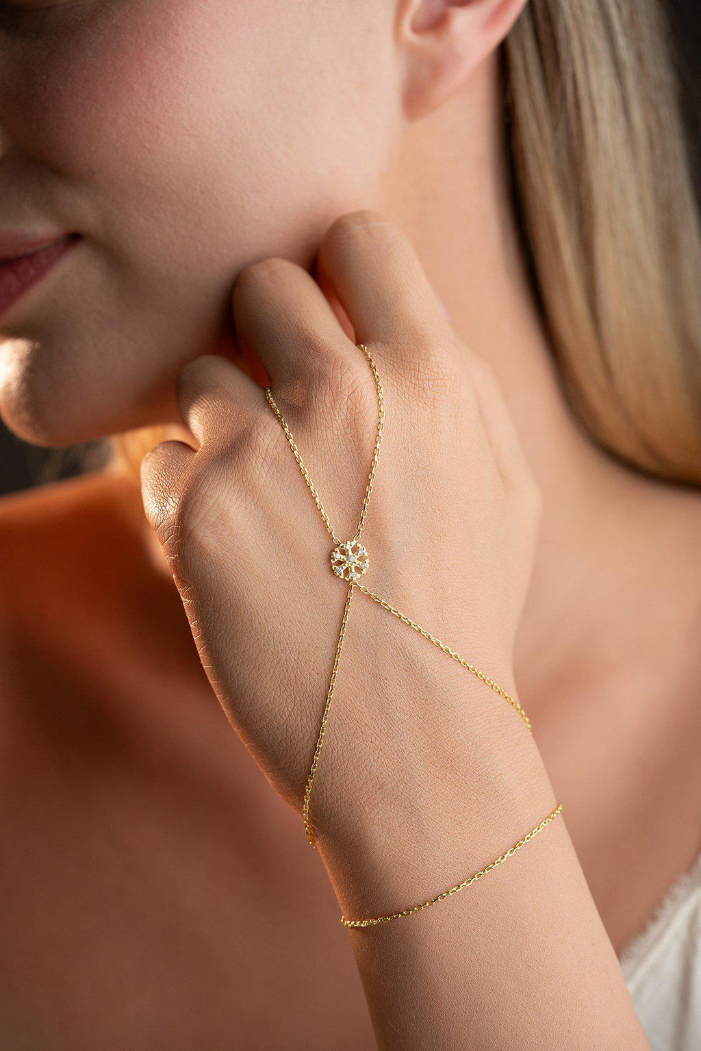 Snowflake Hand Chain Bracelet, Gold Plated Sterling Silver Zircon Shahmaran Bracelet