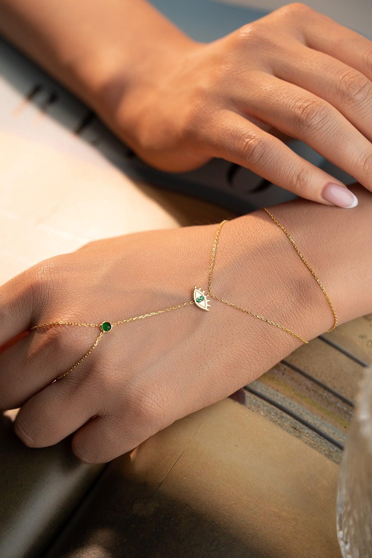 Evil Eye Shahmaran Bracelet, 925 Sterling Silver, Gold Plated, Green Zircon Bracelet