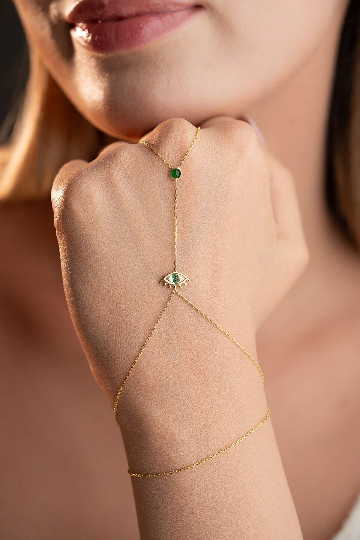 Evil Eye Shahmaran Bracelet, 925 Sterling Silver, Gold Plated, Green Zircon Bracelet