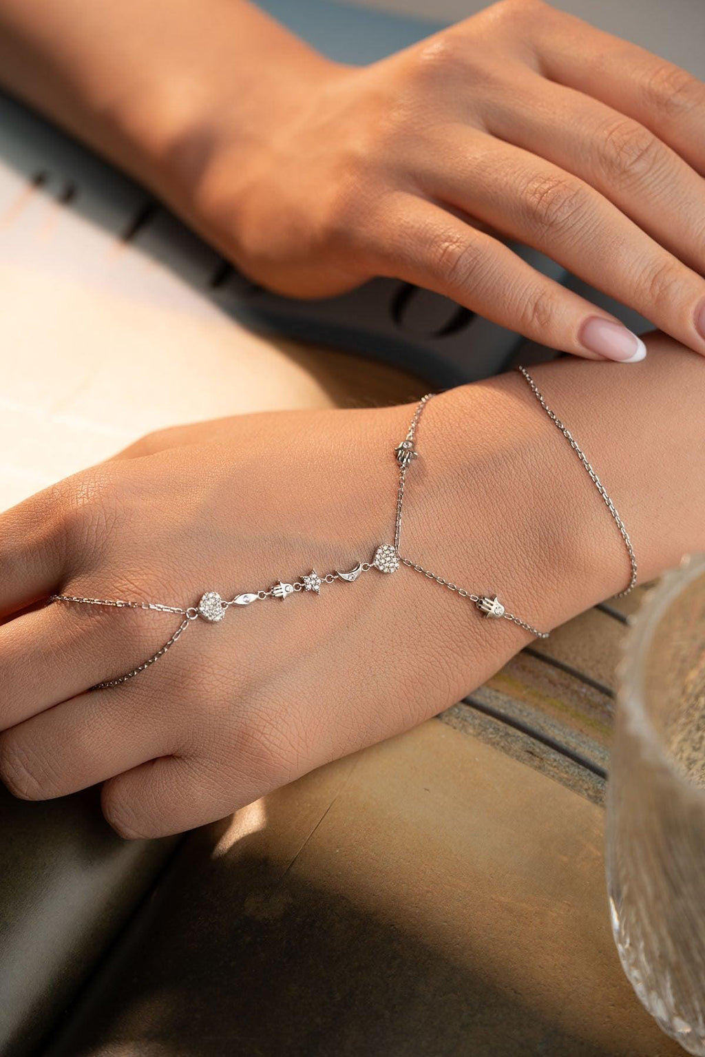 Lucky Clover Shahmaran Bracelet, 925 Sterling Silver, Rhodium Plated Hand Chain